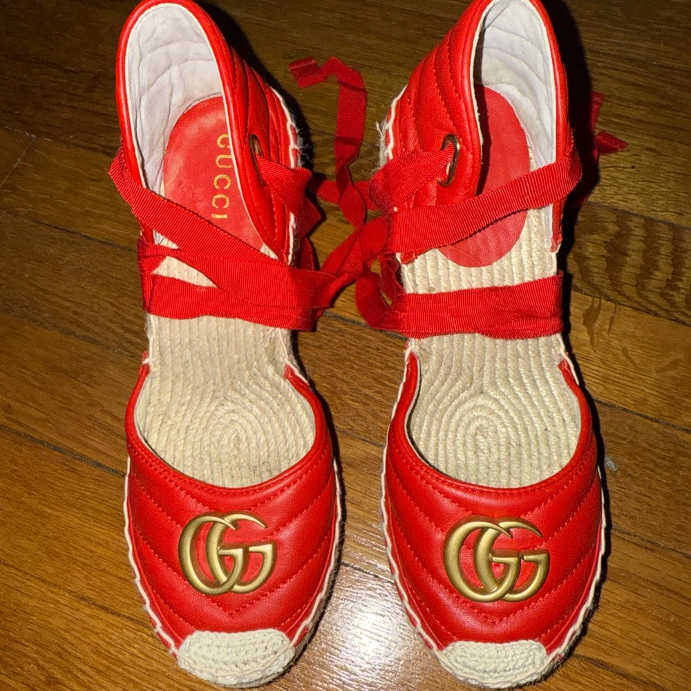 Gucci Red Espadrille Wedges with Gold GG Logo